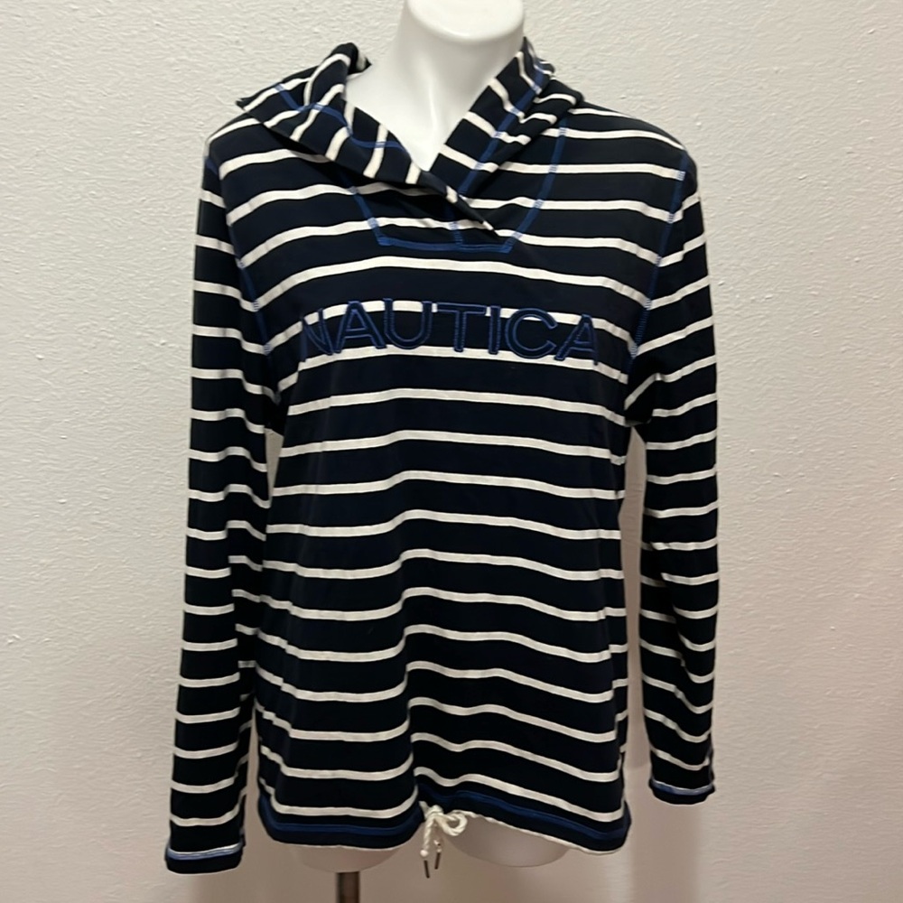 Nautica Striped Drawstring Navy Pullover Hooded Shirt Sz XL